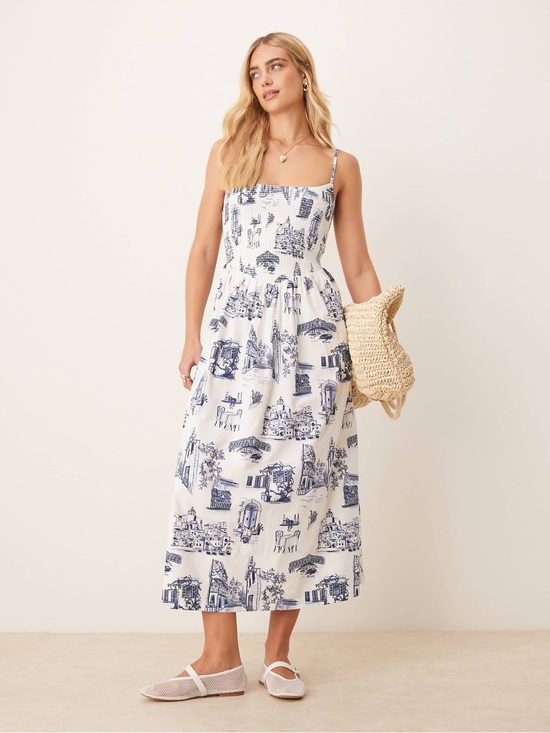Abercrombie & Fitch Dresses & Skirts - Abercrombie & Fitch Blue and White Toile Smocked Basque Waist Midi Dress